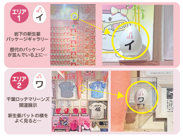 エリア1…「岩下の新生姜パッケージギャラリー」の歴代パッケージが並んでいる壁の上に!
エリア2…「千葉ロッテマリーンズ展示コーナー」の新生姜バットの横をよく見ると!
